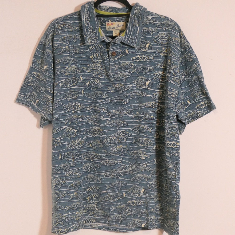 Crazy Shirts Mens Hawaiian Polo XL Blue Fish Tropical Coastal Fishing Dadcore